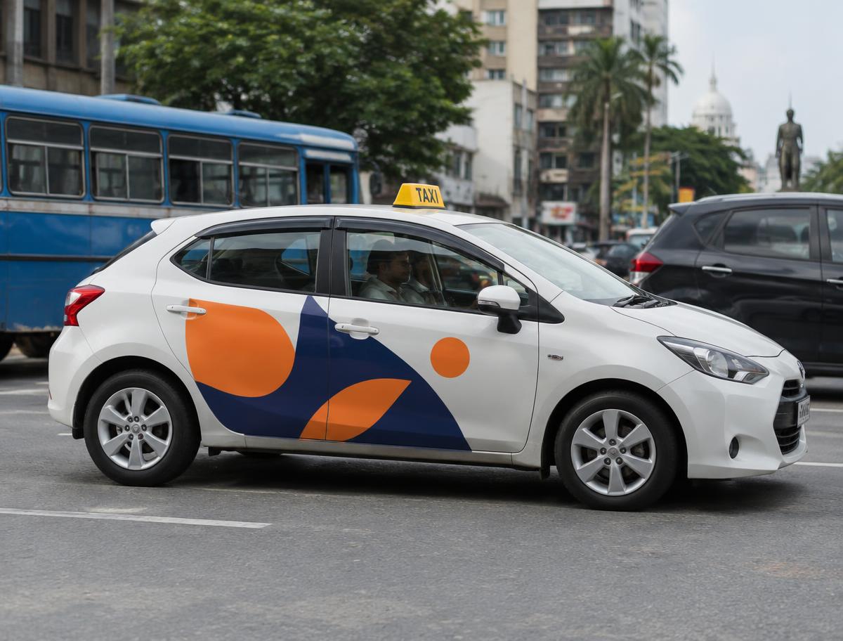 Illustrative mockup of a compact taxi car with door branding in Colombo traffic